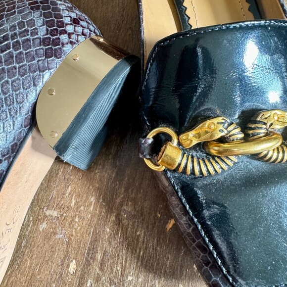 TORY BURCH Jessa black & grey leather buckle horse head block heel loafer 6M - Picture 7 of 12